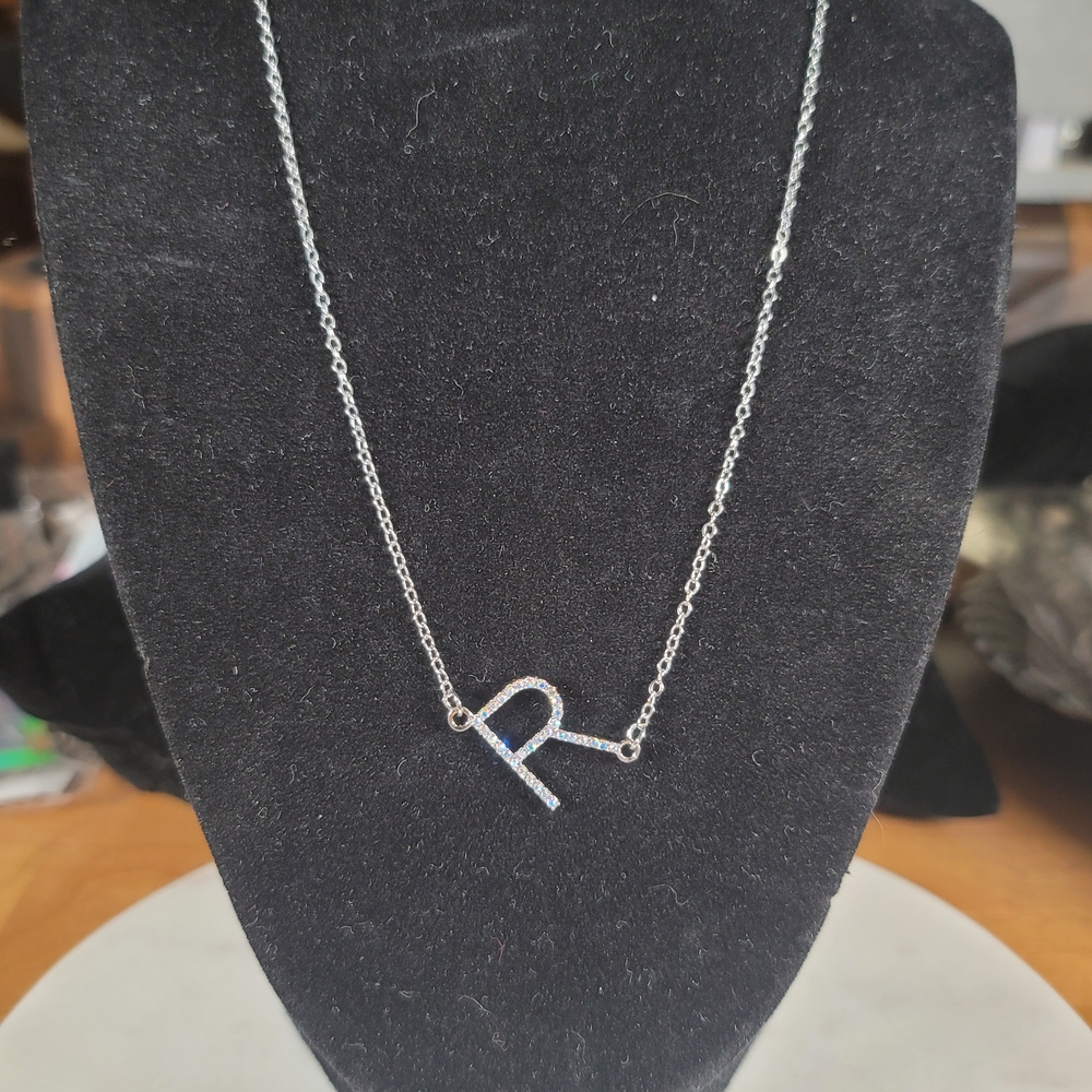 Elegant Silver & Iridescent Rhinestone Initial "R" Necklace Set